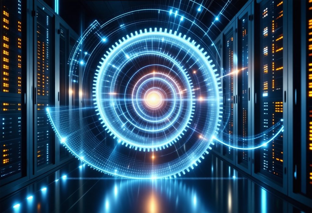 양쪽에 서버 랙이 있는 데이터센터 복도에 떠 있는 청록색과 오렌지색의 동심원 홀로그램 인터페이스