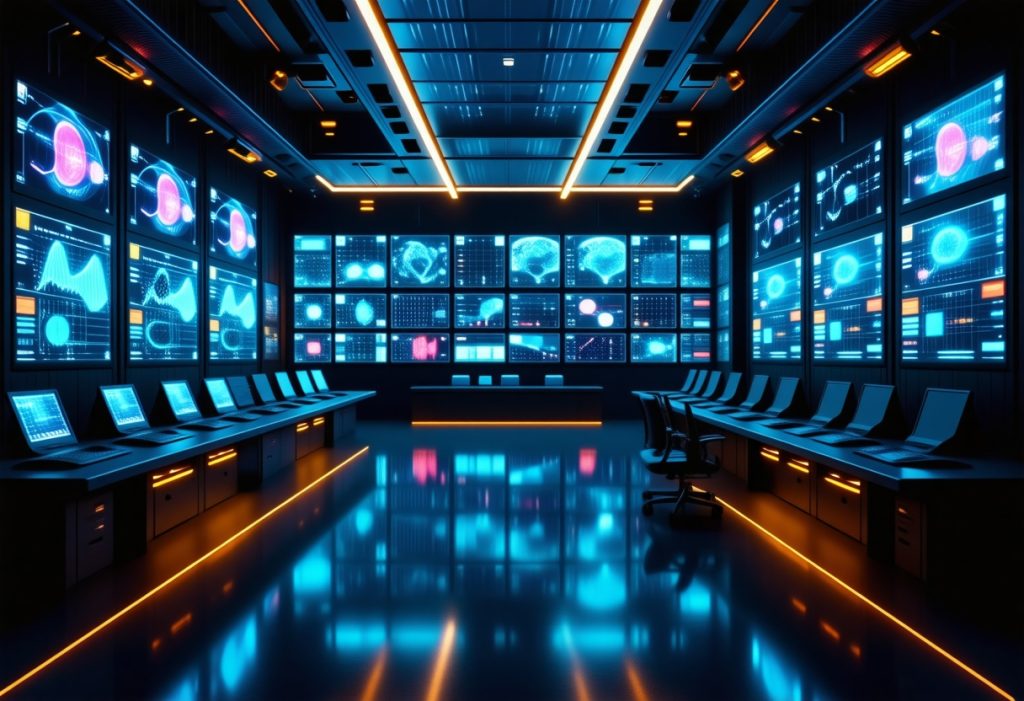 뇌 스캔, 데이터 차트, 분석 대시보드가 표시된 여러 개의 모니터 벽이 있는 미래형 사이버 보안 통제실