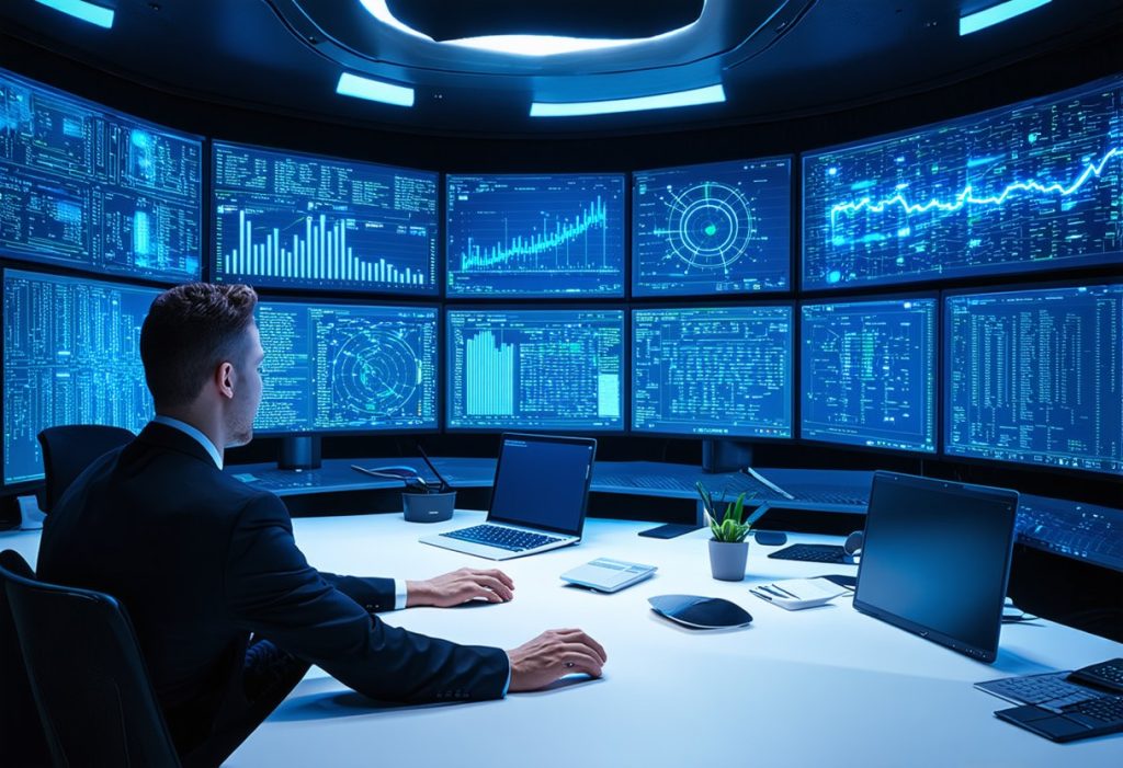 여러 모니터에서 실시간 데이터를 모니터링하는 분석가