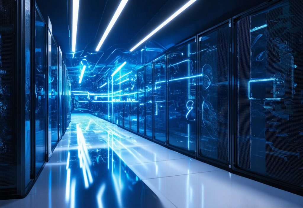 양쪽에 서버 랙이 늘어선 현대적인 데이터센터 복도, 청록색 LED 조명과 전자 회로 및 디지털 인물 형상의 기술 오버레이 효과