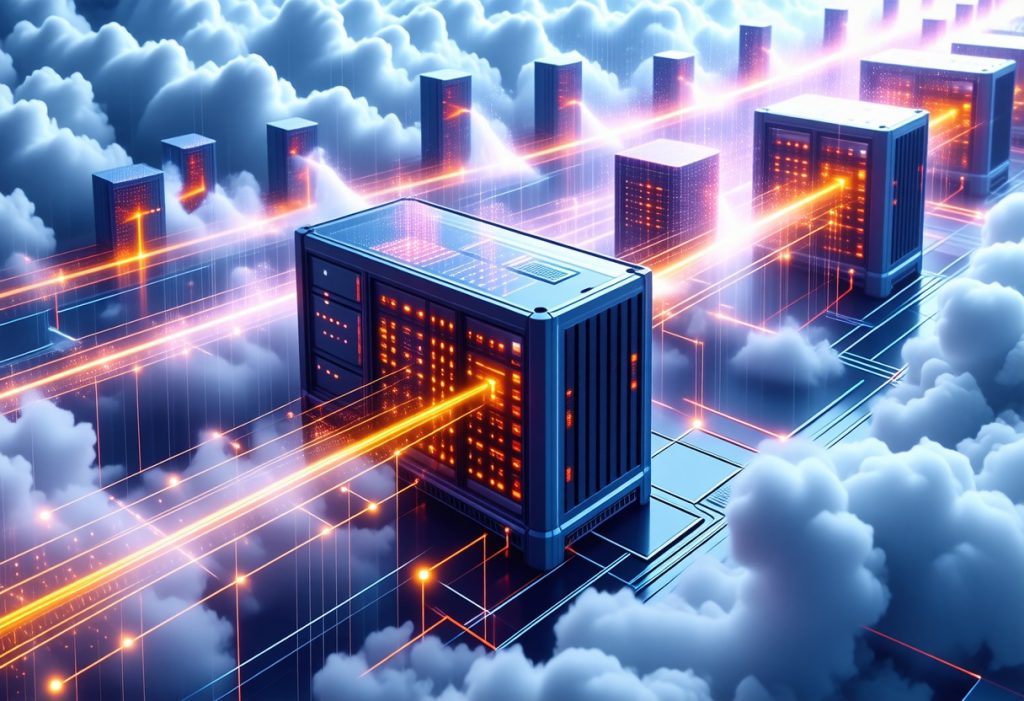 구름 위에 떠 있는 오렌지색 LED가 빛나는 서버 랙들과 네트워크 연결선이 있는 클라우드 데이터센터 인프라