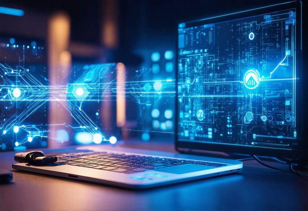 청록색 네온 불빛의 디지털 기술 인터페이스, 네트워크 연결선, 데이터 차트 및 보안 아이콘이 표시된 현대적인 노트북 화면