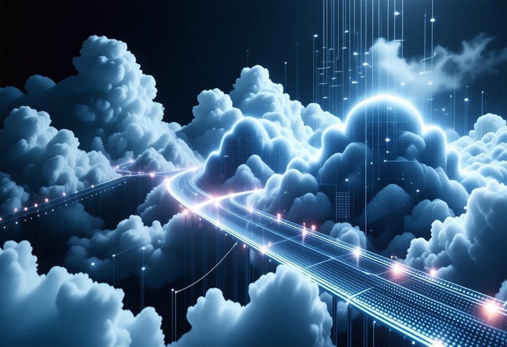 구름 사이에 떠 있는 발광하는 클라우드 스토리지 아이콘과 빛나는 데이터 전송 경로가 있는 클라우드 컴퓨팅 인프라