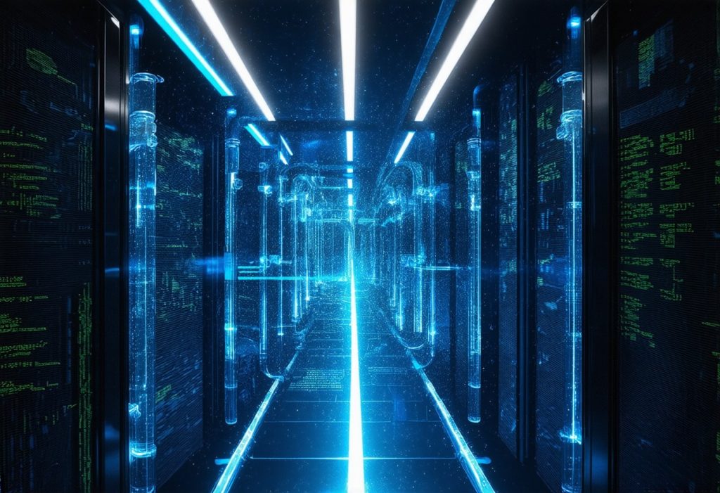 푸른빛 통로로 빛나는 미래형 데이터 센터 내부