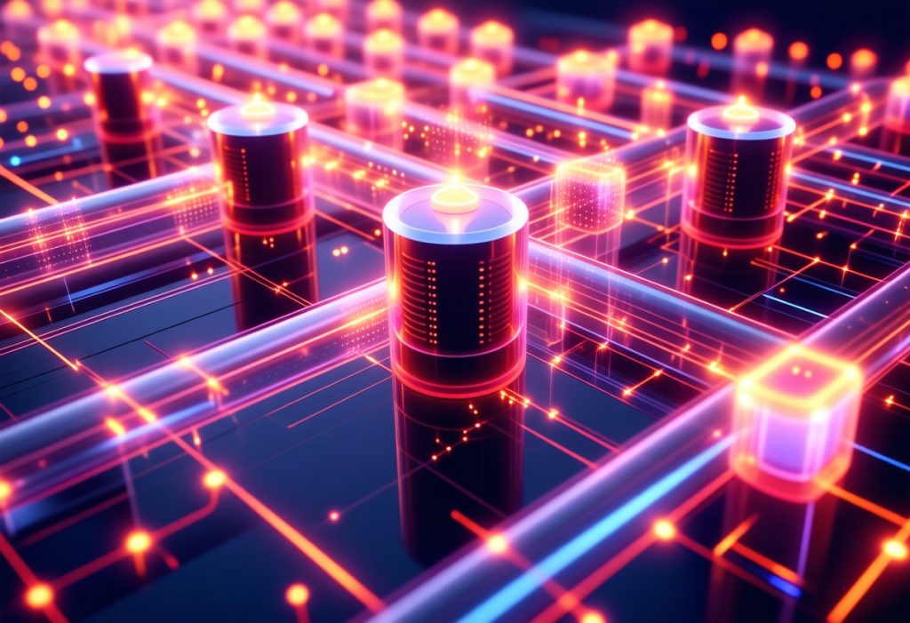 빛나는 네트워크 그리드 위에 배치된 원통형 데이터 노드와 오렌지-핑크 네온 연결선