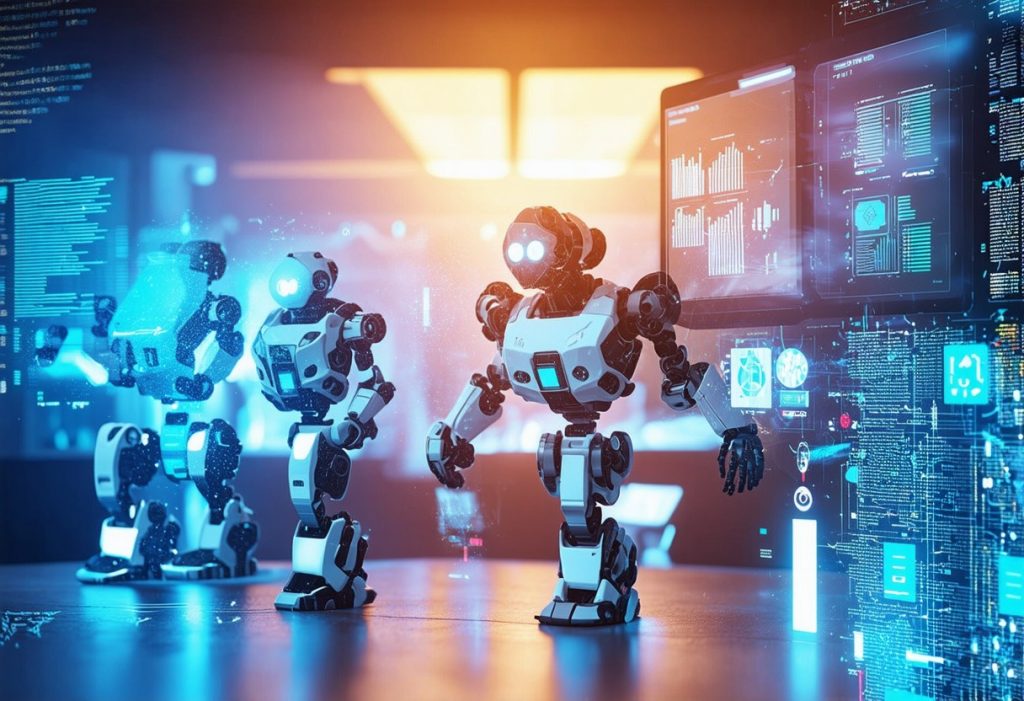 데이터 분석을 수행하는 다수의 AI 로봇과 디지털 인터페이스