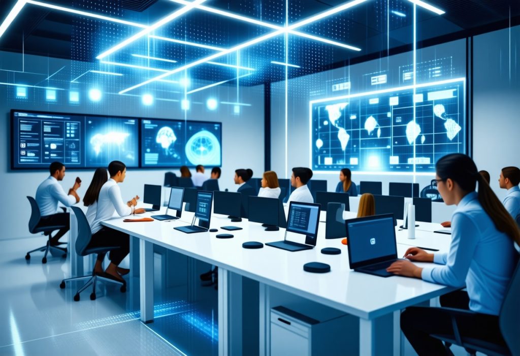 글로벌 데이터 시각화가 표시된 대형 스크린 앞에서 노트북으로 작업하는 비즈니스 팀의 현대적인 회의실