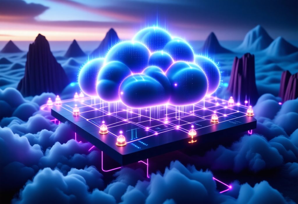 구름 위 네트워크 플랫폼에서 빛나는 클라우드 컴퓨팅 아이콘들과 연결된 청록색 네온 구체들