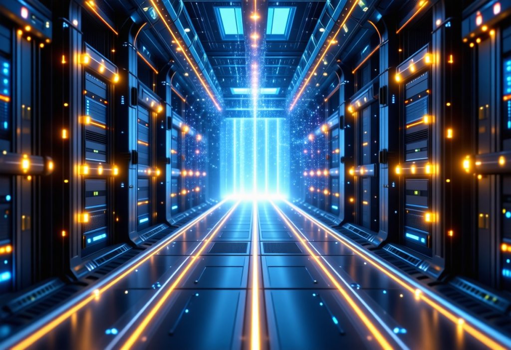 양쪽에 서버 랙이 늘어선 미래형 데이터센터 복도를 밝히는 청록색과 오렌지색 LED 조명