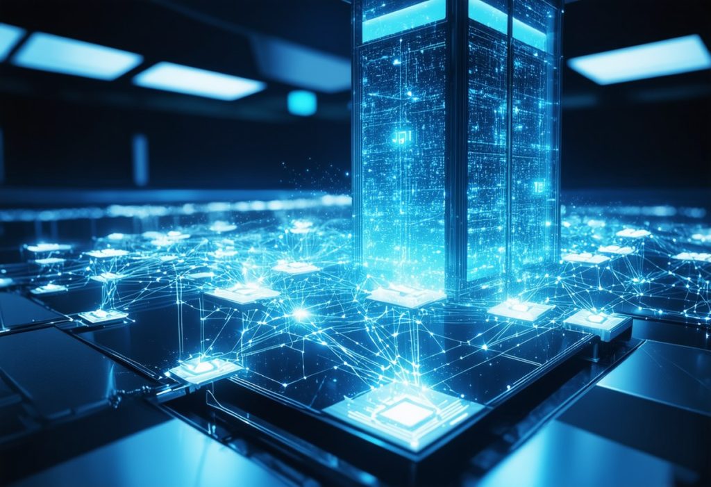 네트워크로 연결된 데이터 서버와 중앙 제어 탑 구조