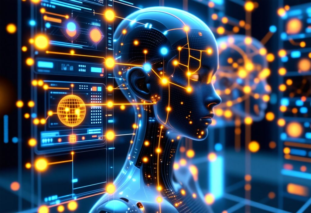 금색과 청색 네트워크 노드로 둘러싸인 디지털 인간 머리 프로필과 AI 인터페이스 패널