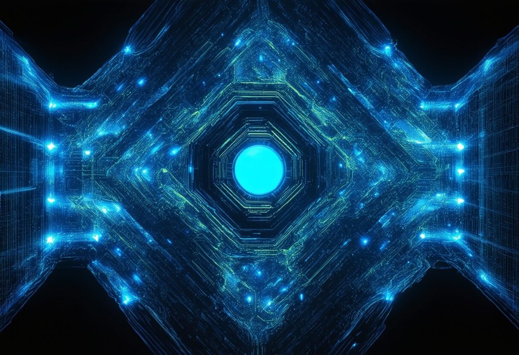 네온빛 회로 패턴으로 구성된 입체형 디지털 에너지 핵