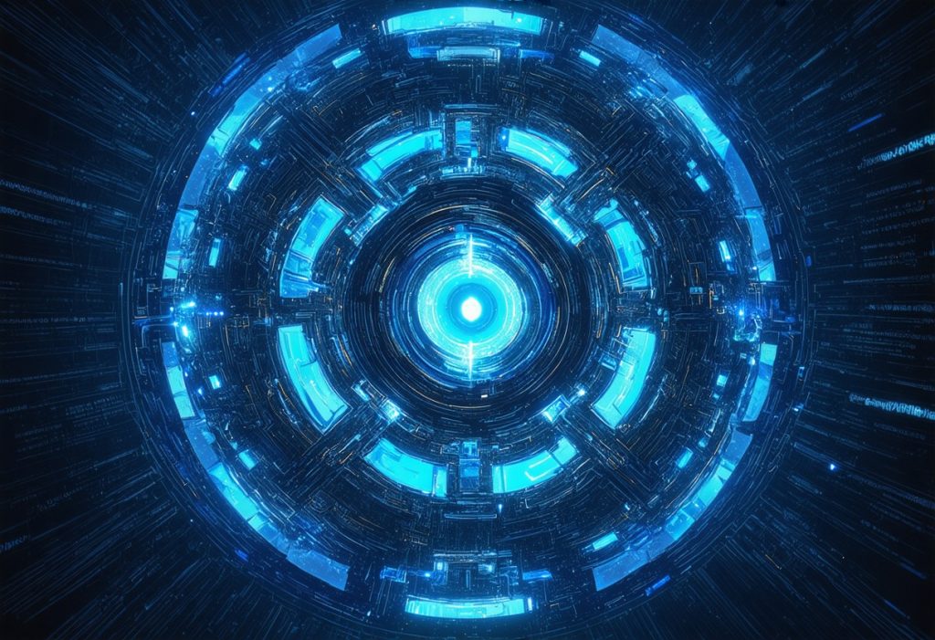 중심에서 빛이 퍼져나오는 푸른빛 사이버 원형 코어 구조