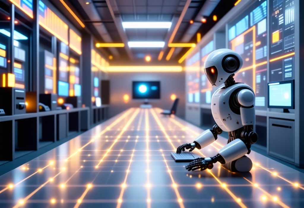 청록색과 오렌지색 조명이 있는 미래형 데이터센터 복도에서 노트북으로 작업하는 흰색 휴머노이드 AI 로봇