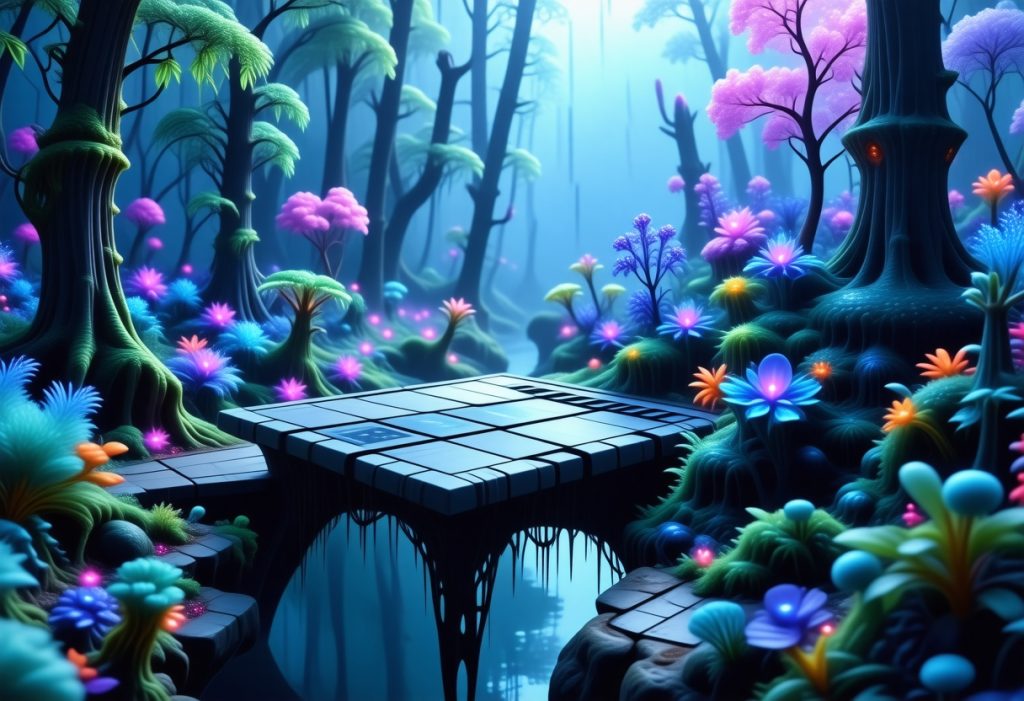 발광하는 핑크, 청록, 보라색 환상적인 꽃과 나무들로 둘러싸인 물 위의 디지털 플랫폼이 있는 초현실적인 숲