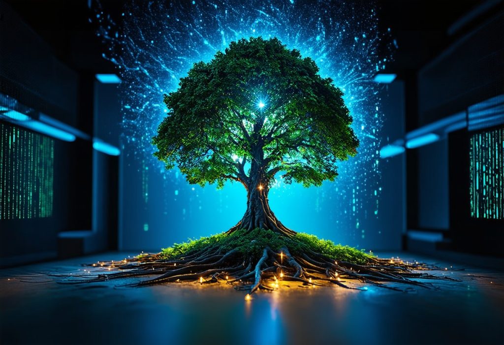 디지털 에너지로 빛나는 미래형 생명 나무의 상징적 이미지