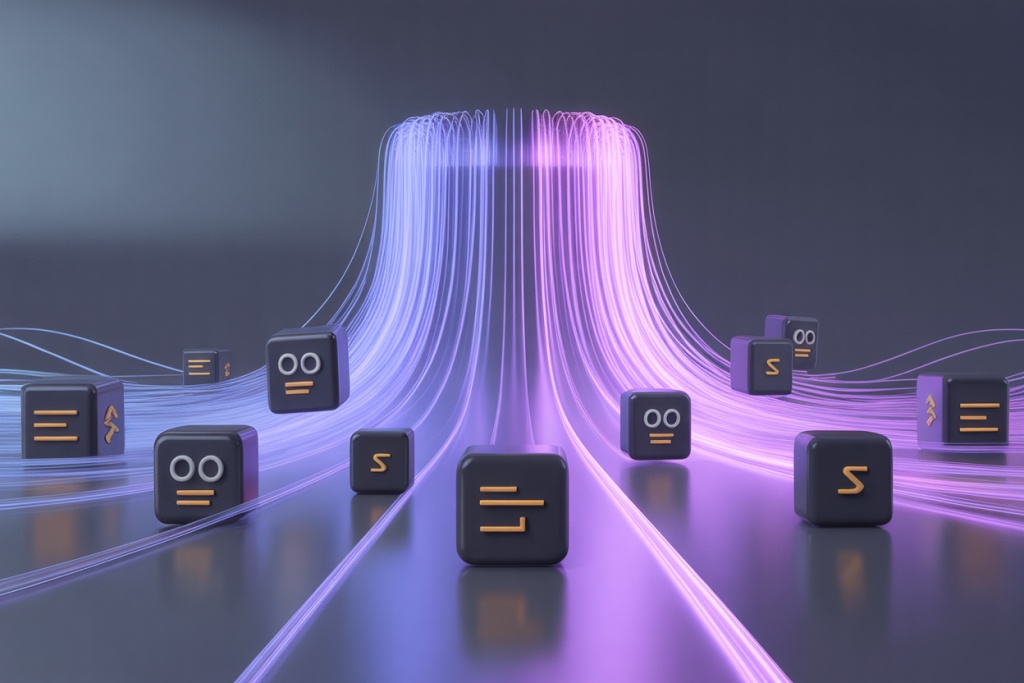 보랏빛과 푸른빛 데이터 흐름 사이를 이동하는 블록 아이콘