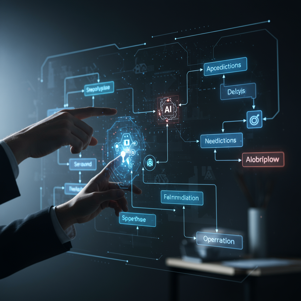 AI 프로세스 흐름도를 조작하는 손과 홀로그램 인터페이스