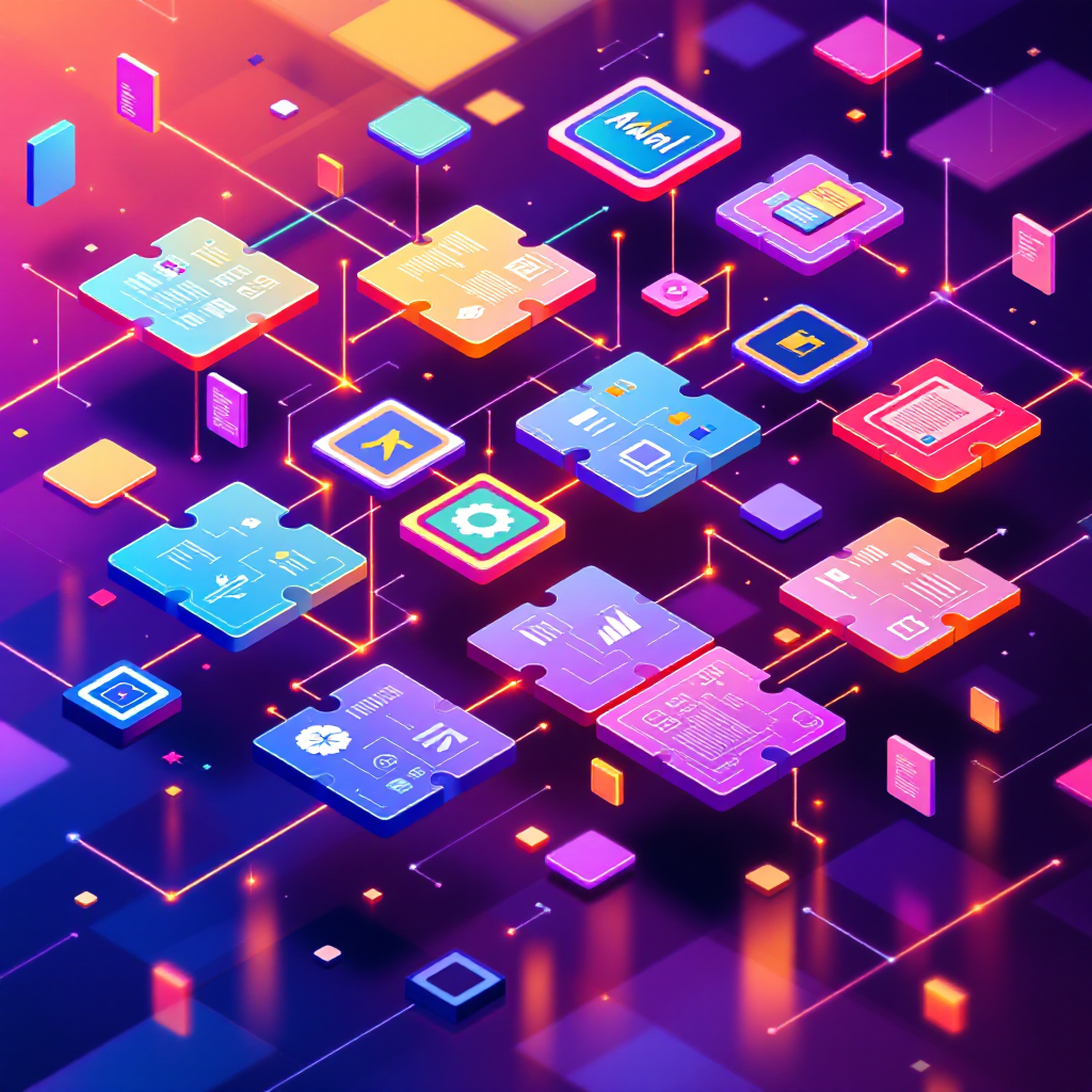 컬러풀한 퍼즐형 데이터 모듈들이 연결된 정보 네트워크