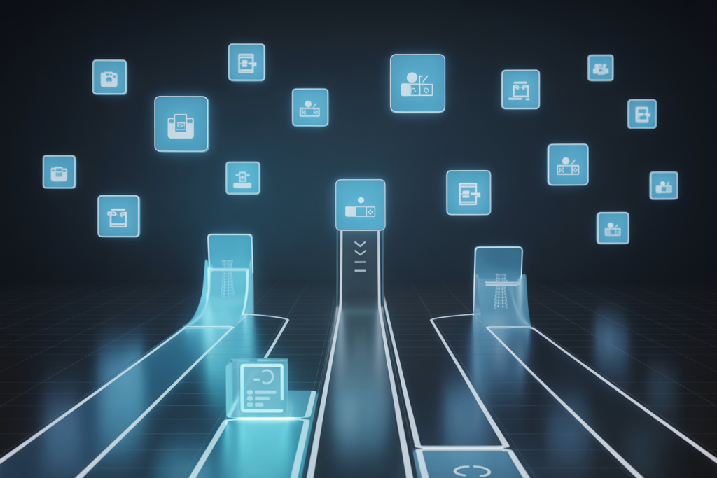 다양한 작업 아이콘이 떠 있는 디지털 경로 분기 화면