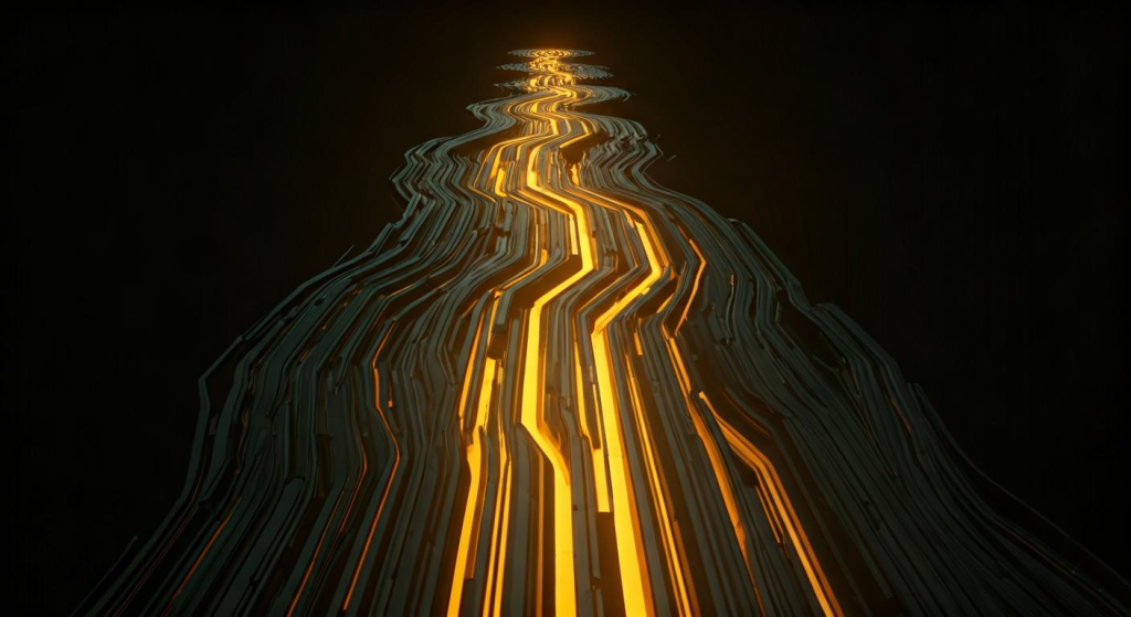 황금빛 에너지가 흐르는 디지털 경로의 추상적 형상