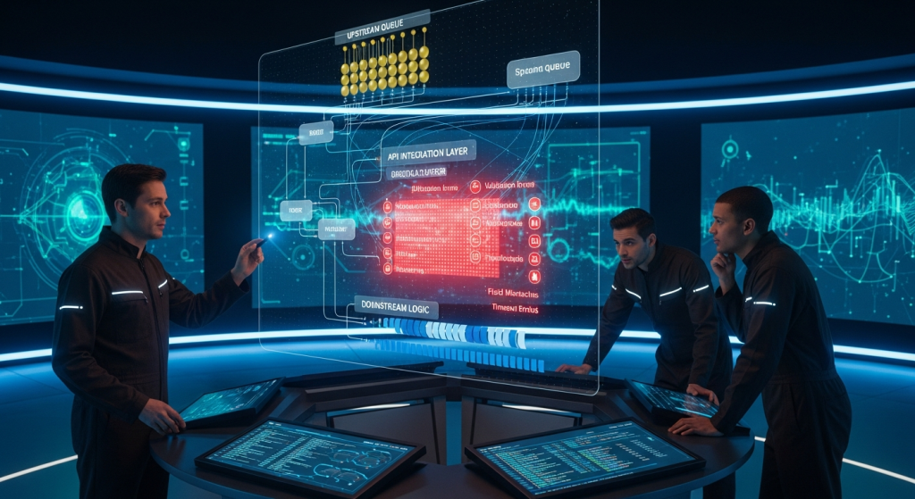 미래형 통제실에서 홀로그램 API 구조를 분석하는 팀