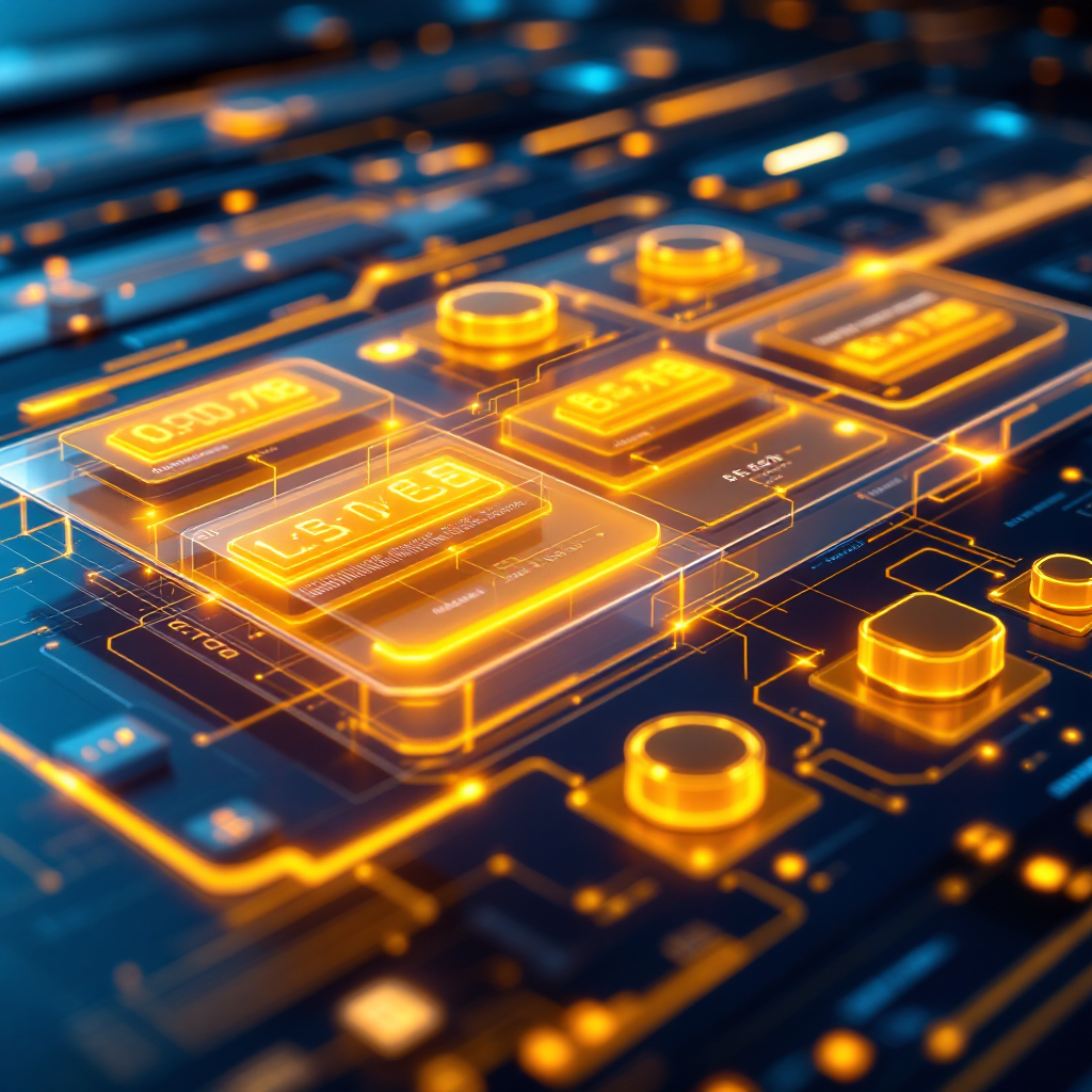 네온빛 회로 위에 배치된 데이터 모듈과 숫자 패널