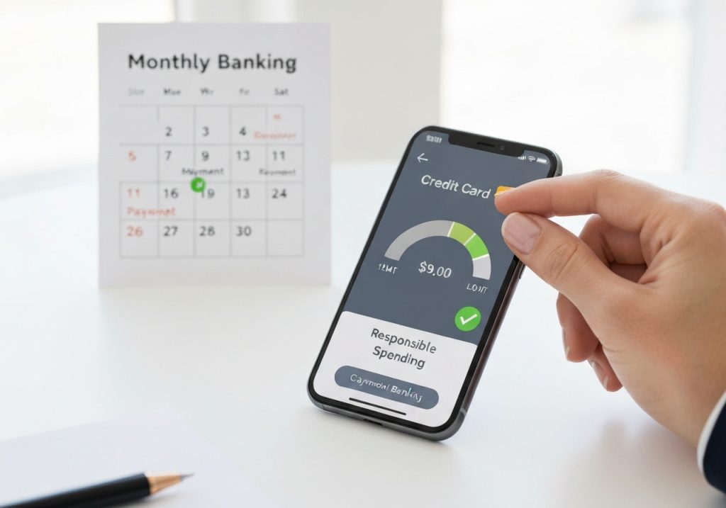 달력 옆에서 스마트폰 화면의 지출 관리 게이지를 손으로 확인하며 금액과 상태 표시가 정돈된 일상적 장면