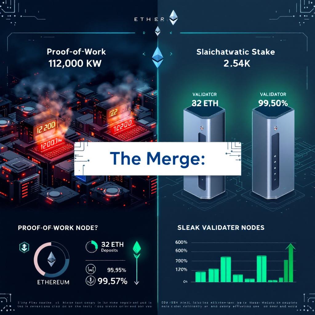 붉은 빛을 내는 연산 장비들이 촘촘히 배열된 왼쪽과 검은 기둥형 노드가 서 있는 오른쪽이 대비되며 전환 과정을 설명하는 기술적 장면