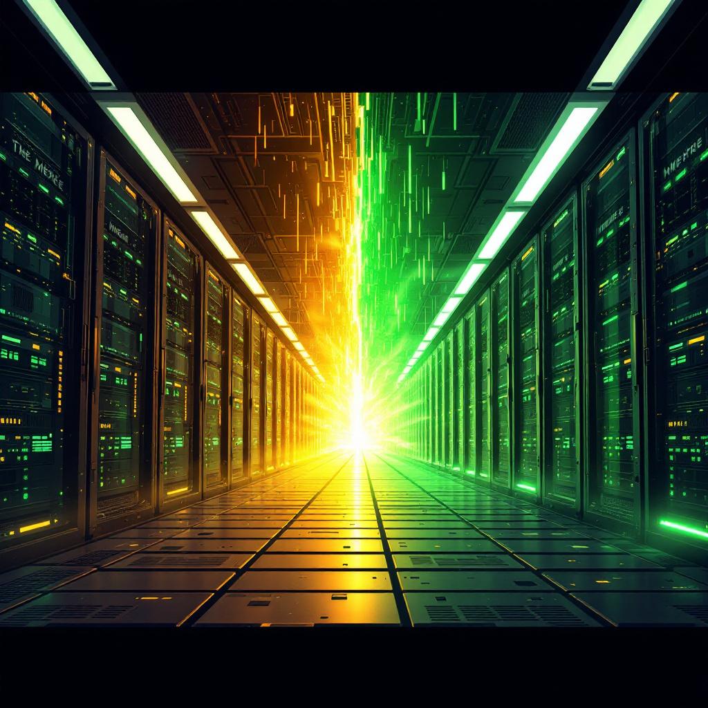 데이터 센터 에너지 폭발: 서버 랙 복도 중앙에서 강렬한 주황-노란-녹색 빛의 폭발이 터져 나오는 극적 장면. 양쪽 서버들에는 녹색과 주황색 상태 표시등이 깜빡이고, 천장의 녹색 형광등이 늘어서 있음. 중앙에서 위로 솟구치는 빛 입자들과 함께 바닥은 반사되는 금속 타일로 되어 있어 고성능 컴퓨팅, 데이터 전송, 네트워크 활동의 시각적 은유