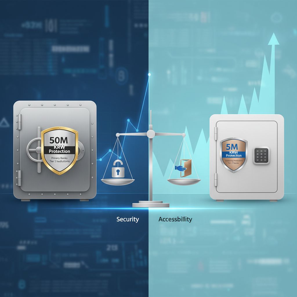 두 금고가 서로 다른 보호 수치를 보여주며 중앙 저울이 잠금 아이콘과 상자를 균형 있게 올려 대비를 이루는 장면