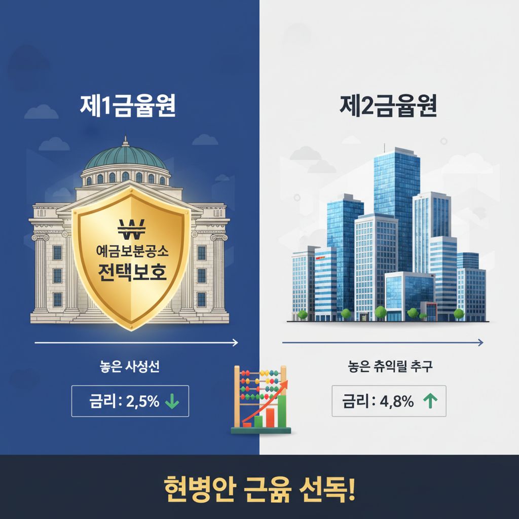 고전 양식의 건물과 푸른 고층 건물이 좌우로 나뉘어 서 있고 각각 다른 화살표와 수치가 안정성과 수익성을 은유하는 모습