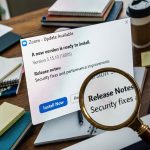 컴퓨터 화면에 떠 있는 줌 업데이트 알림을 돋보기로 확대해 살펴보는 모습이다.