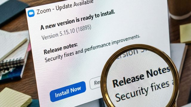 컴퓨터 화면에 떠 있는 줌 업데이트 알림을 돋보기로 확대해 살펴보는 모습이다.