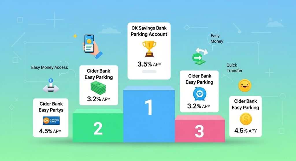 예금 계좌 APY 순위: 밝은 청록 배경에 1-2-3 시상대와 5개의 카드. 1위(파란): OK Savings Bank Parking Account 3.5% APY (금 트로피). 2위(녹색): Cider Bank Easy Parking 3.2% APY (녹색 지폐). 3위(분홍): Cider Bank Easy Parking 3.2% APY (파란 회전 아이콘). 추가로 Cider Bank Easy Partys 4.5% APY (OK SAVINGS BANK 로고)와 Cider Bank Easy Parking 4.5% APY (금화). Easy Money Access, Easy Money, Quick Transfer 라벨 포함