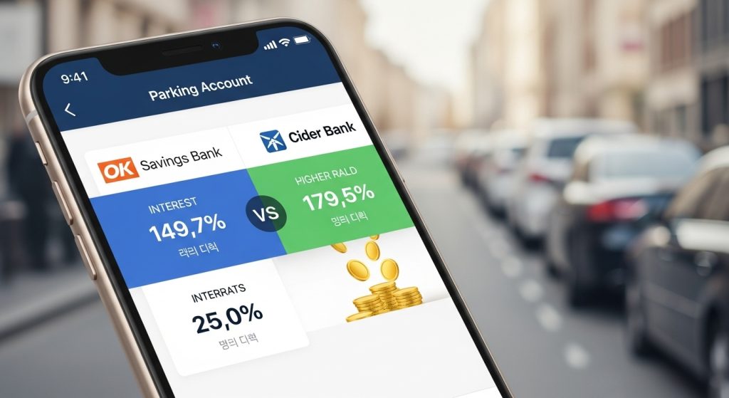 스마트폰 화면에 두 금융 기관의 수치가 나란히 표시되고 동전 아이콘이 아래를 장식하며 비교 구도가 강조된 장면