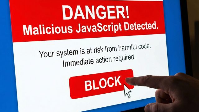 컴퓨터 화면에 악성 자바스크립트 코드 경고 메시지가 표시되어 있고, 큰 빨간색 '차단' 버튼이 클릭되는 모습이다.
