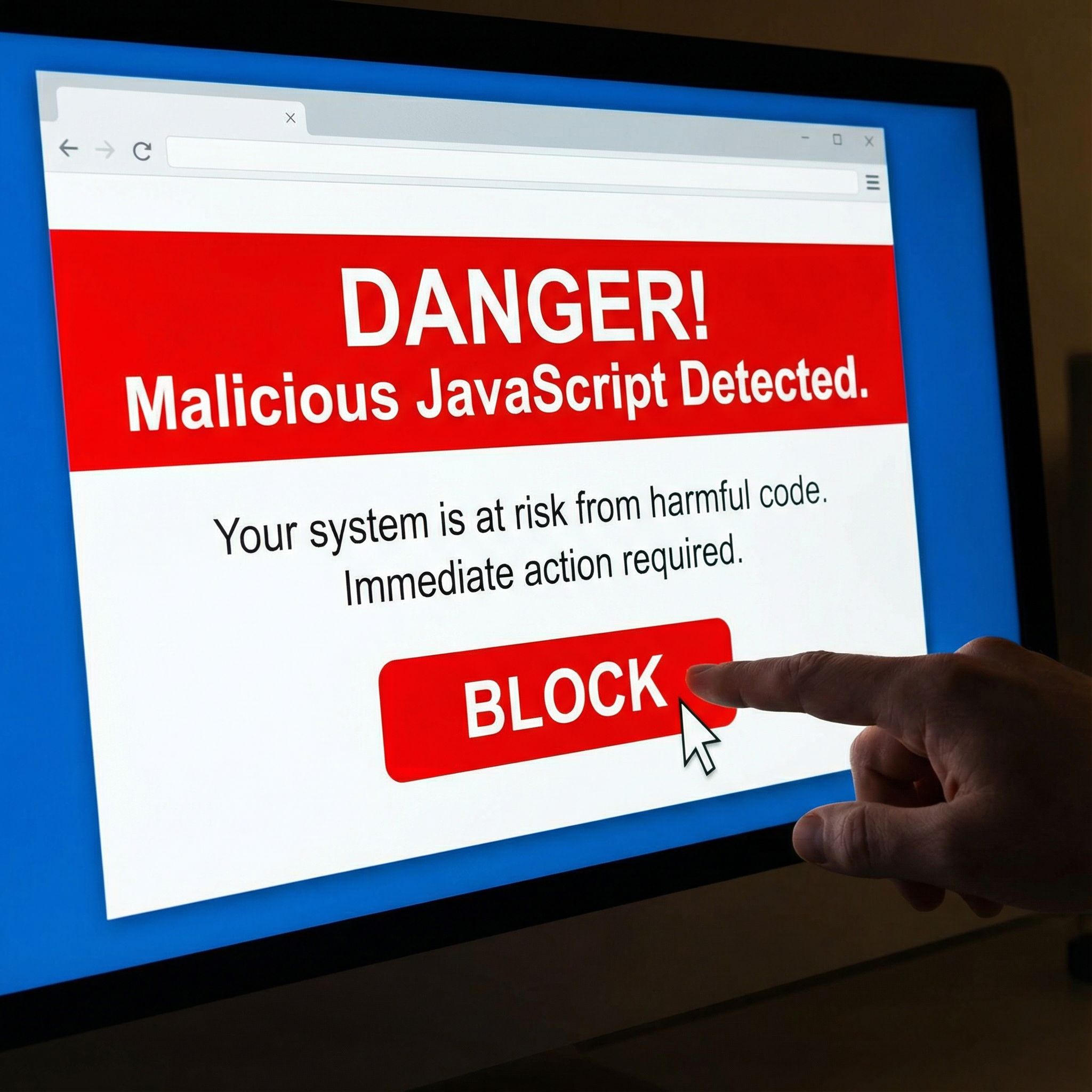 컴퓨터 화면에 악성 자바스크립트 코드 경고 메시지가 표시되어 있고, 큰 빨간색 '차단' 버튼이 클릭되는 모습이다.