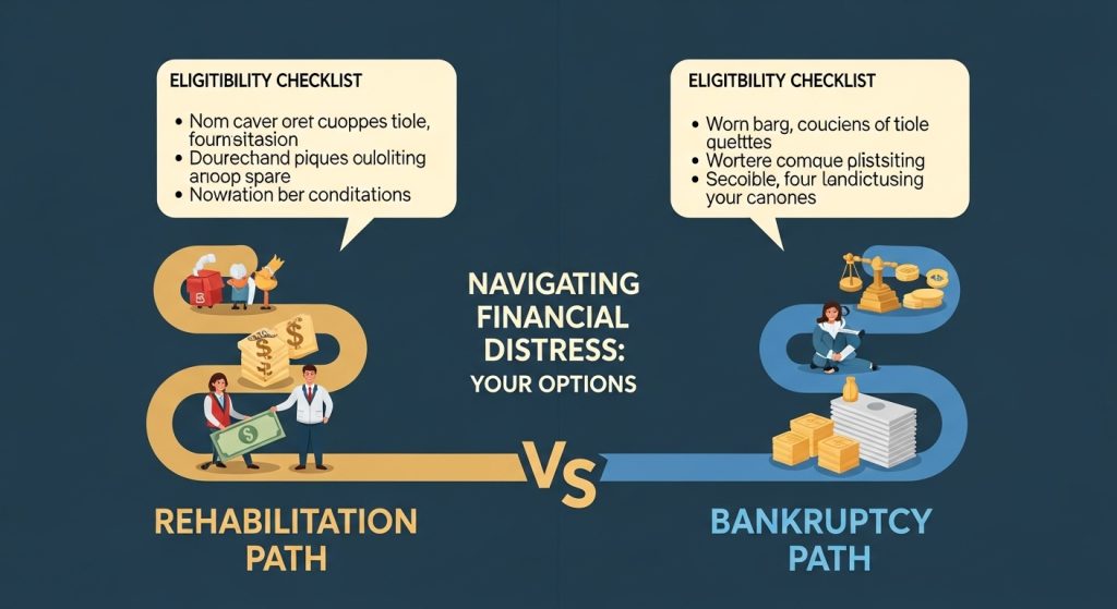 두 갈래 길이 좌우로 펼쳐지고 각 길 위에 인물과 서류, 화폐 아이콘이 배치되어 선택의 흐름을 보여주는 대비적 장면