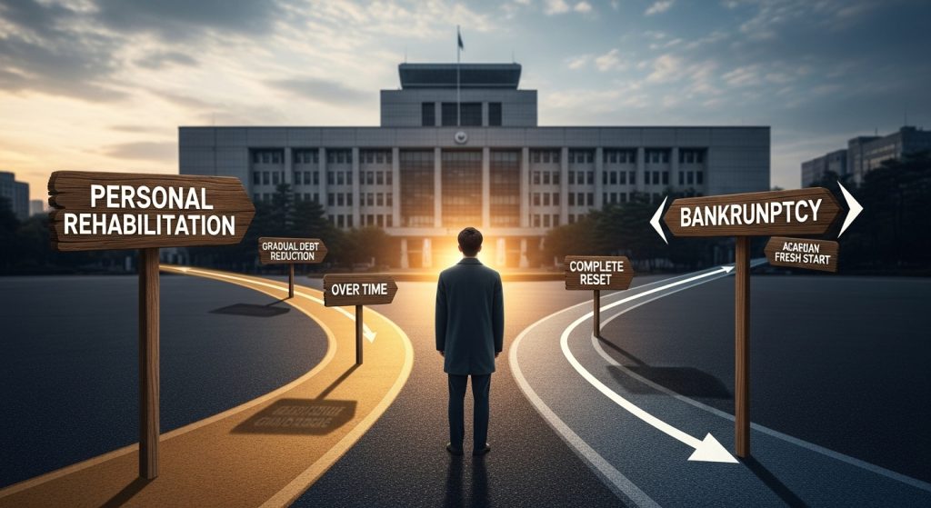 저녁빛이 비추는 도로 한가운데에서 인물이 여러 방향 표지판을 마주하며 서로 다른 선택지가 갈라지는 상징적 장면