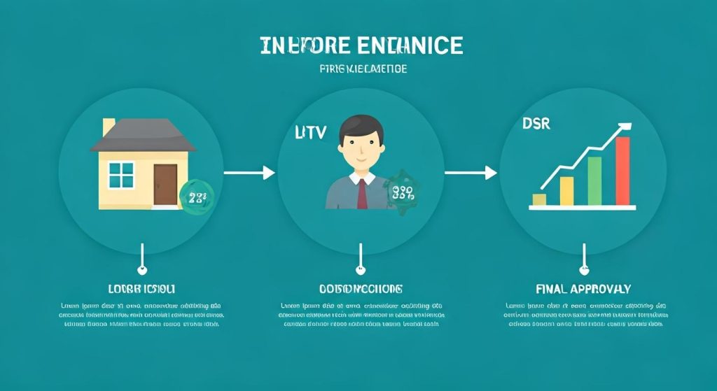 집 아이콘에서 인물 그림을 거쳐 상승 그래프로 이어지는 세 개의 원형 패널이 절차 흐름을 시각적으로 보여주는 장면