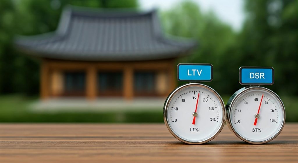 전통 건물이 흐릿하게 보이는 배경 앞에서 두 개의 계기판이 나란히 놓여 각기 다른 지표를 나타내는 대비된 장면