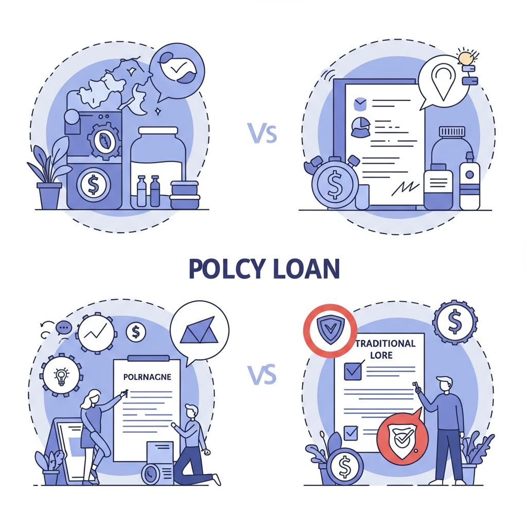 네 개의 원형 장면 속에서 문서와 아이콘들이 대비를 이루며 대출 방식 차이를 시각적으로 보여주는 구성적 장면