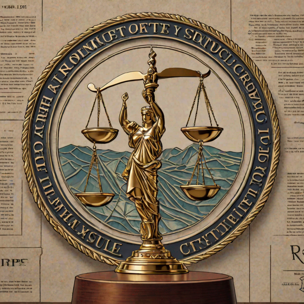 고대풍 저울을 든 인물 조형이 원형 장식 틀 안에 서 있고 배경의 문서와 산능선이 겹쳐지는 상징적 장면