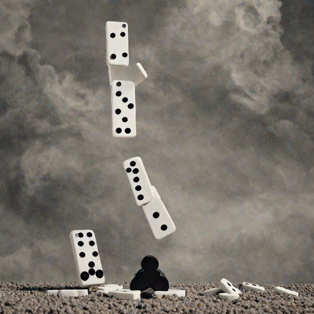 도미노 붕괴 개념: 회색 대리석 배경에 흰색 도미노 타일들이 쓰러지는 모습. 상단에 4개 점이 있는 타일에서 시작하여, 중앙에서 꺾이며, 하단에는 검은 클로버 모양 게임 피스와 여러 쓰러진 흰색 도미노들이 거친 표면에 흩어져 있어 연쇄 반응과 시스템 실패를 상징하는 모노크롬 구성