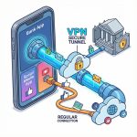 스마트폰 화면에 은행 앱은 보안 터널을, 소셜미디어 앱은 일반 경로를 나타내는 두 개의 데이터 흐름이 시각적으로 표현된 모습이다.