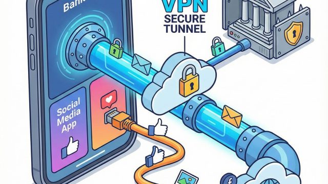 스마트폰 화면에 은행 앱은 보안 터널을, 소셜미디어 앱은 일반 경로를 나타내는 두 개의 데이터 흐름이 시각적으로 표현된 모습이다.