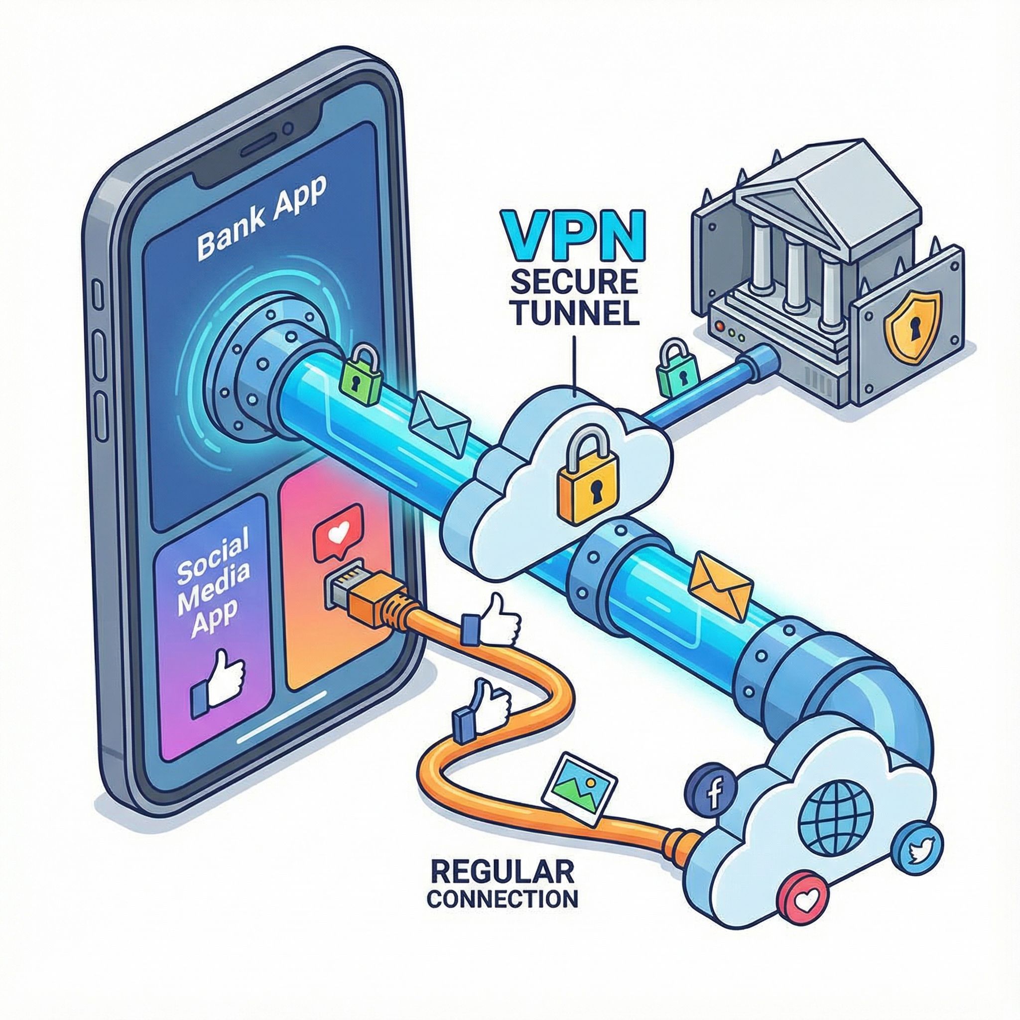 스마트폰 화면에 은행 앱은 보안 터널을, 소셜미디어 앱은 일반 경로를 나타내는 두 개의 데이터 흐름이 시각적으로 표현된 모습이다.