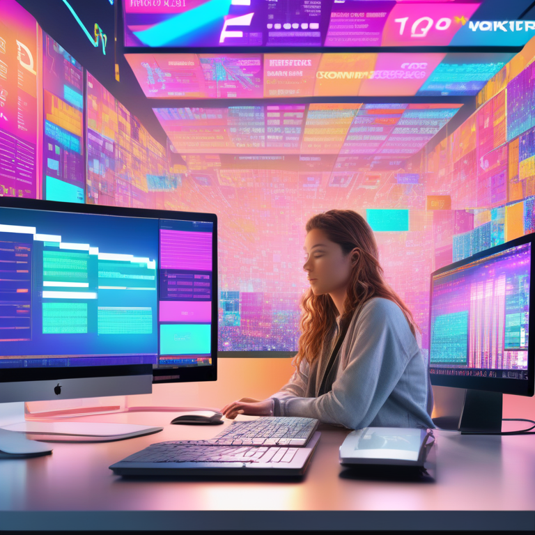 다채로운 패널이 벽과 천장을 가득 채운 공간에서 여러 모니터를 마주한 인물이 집중해 작업하는 몰입된 장면