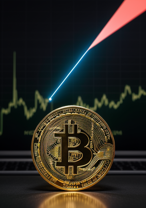 비트코인 가격 상승 시각화: 어두운 배경의 모니터 화면에 녹색 가격 차트가 표시되고, 청록-분홍 그라데이션 상승 화살표가 극적으로 뻗어있는 전경에 황금 비트코인이 서 있음. 동전 표면에 반사된 빛과 함께 어두운 표면에 놓여 있고, 배경 차트는 변동성 있는 암호화폐 가격 움직임을 보여주는 불확정된 선을 표시. 비트코인 상승세와 시장 성장을 상징